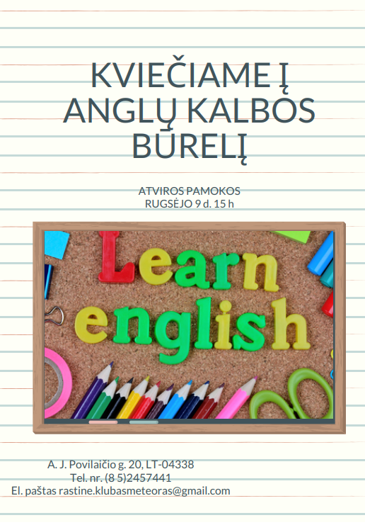 Kviečiame į atviras pamokas 09-09 dieną Anglu kalbos burelis
